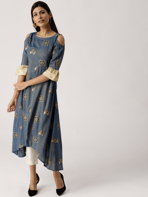 

Libas Women Blue & Golden Printed Asymmetric A-Line Kurta