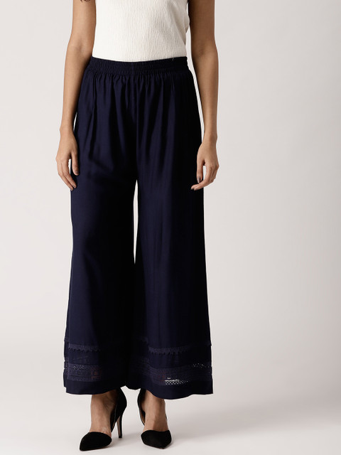 

Libas Women Navy Blue Wide Leg Hem Design Palazzos