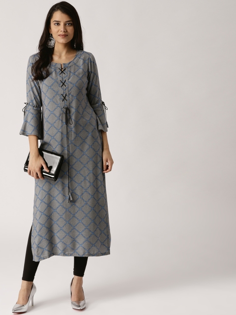 

Libas Women Grey & Blue Printed Straight Kurta