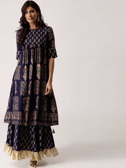

Libas Women Navy Blue & Golden Block Print Kurta with Skirt