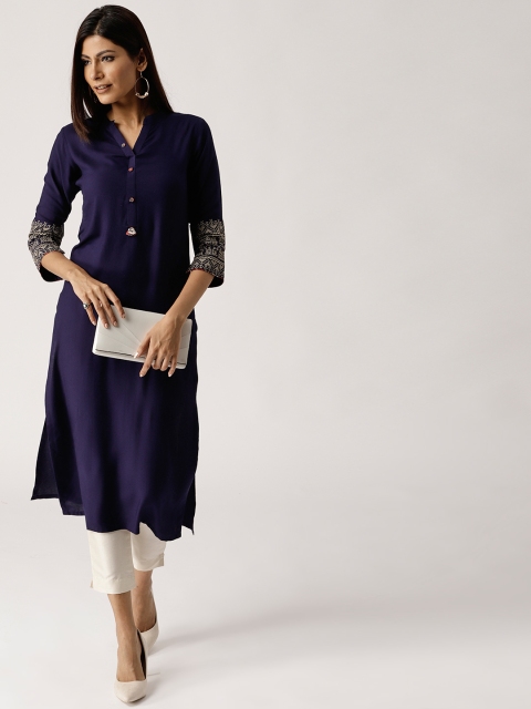 

Libas Women Navy Blue & Cream-Coloured Solid Straight Kurta