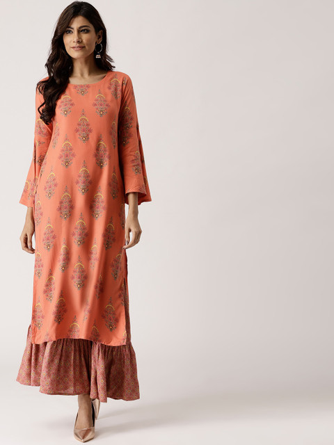 

Libas Women Peach-Coloured & Pink Printed Kurta with Sharara