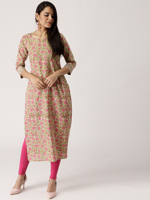 

Libas Women Green & Pink Printed Straight Kurta