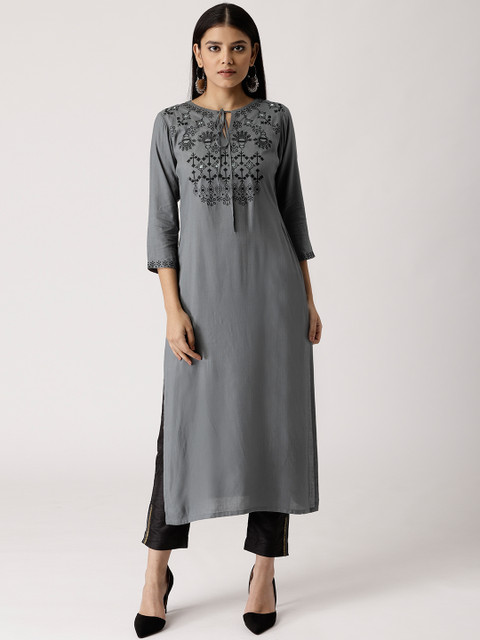 

Libas Women Charcoal Grey Yoke Design Straight Kurta