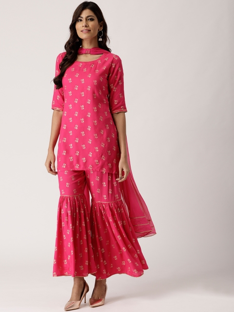 

Libas Women Fuchsia & Golden Block Print Kurti with Sharara & Dupatta
