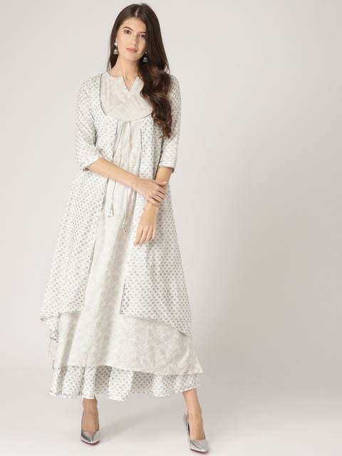

Libas Women White & Grey Printed Layered Kurta with Skirt