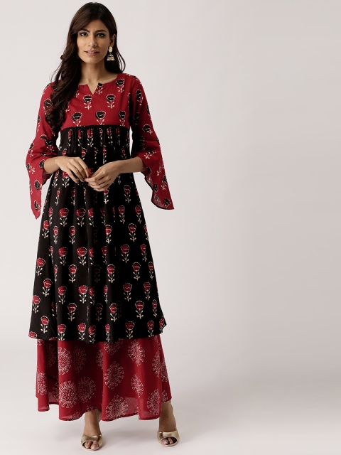 

Libas Women Black & Rust Red Printed Kurta with Skirt