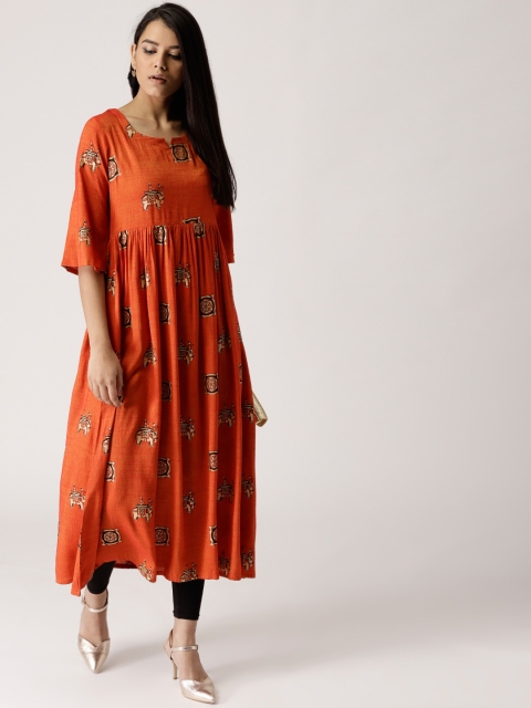 

Libas Women Orange & Golden Printed A-Line Kurta