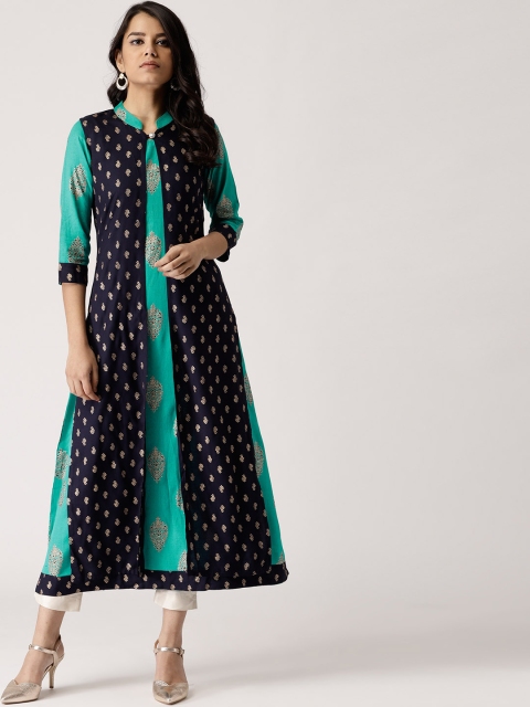 

Libas Women Navy Blue & Turquoise Blue Printed Layered A-Line Kurta