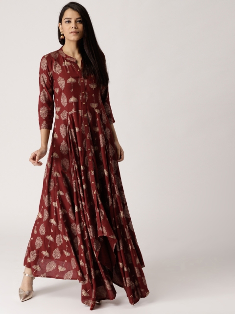 

Libas Women Maroon & Golden Block Print Anarkali Kurta