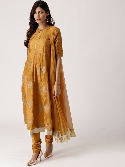 

Libas Women Mustard Yellow & Beige Printed Kurta with Churidar & Dupatta