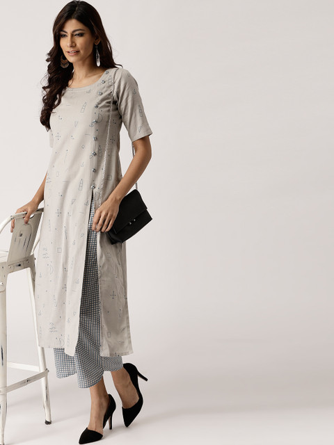 

Libas Women Grey & Blue Printed Kurta with Palazzos