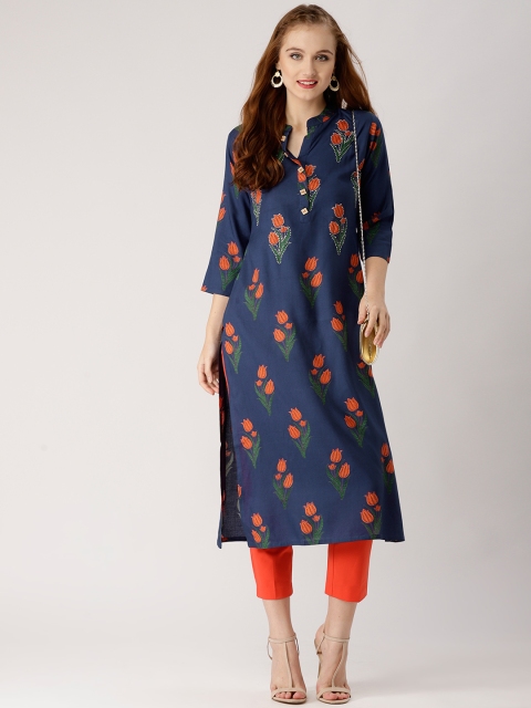 

Libas Women Navy Blue & Orange Printed Straight Kurta