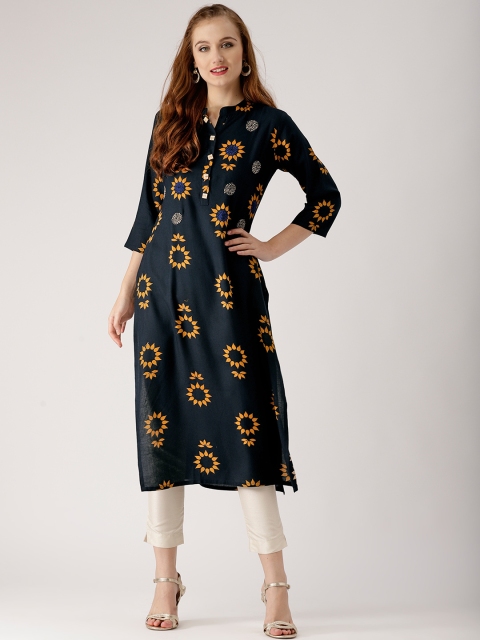 

Libas Women Navy Blue & Mustard Yellow Printed Straight Kurta