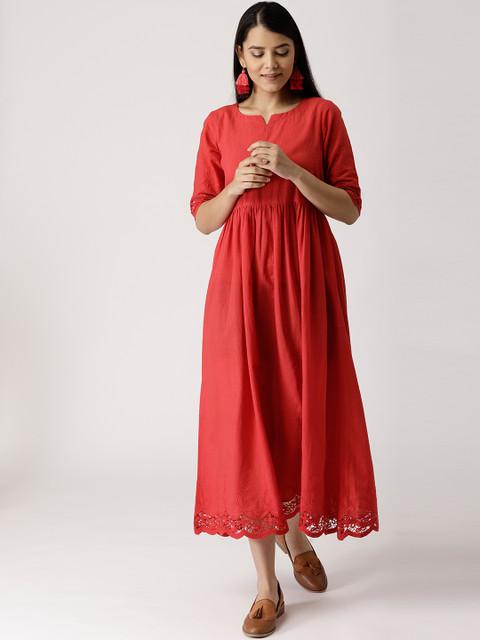 

Libas Women Red Solid Crochet Detail Maxi Dress