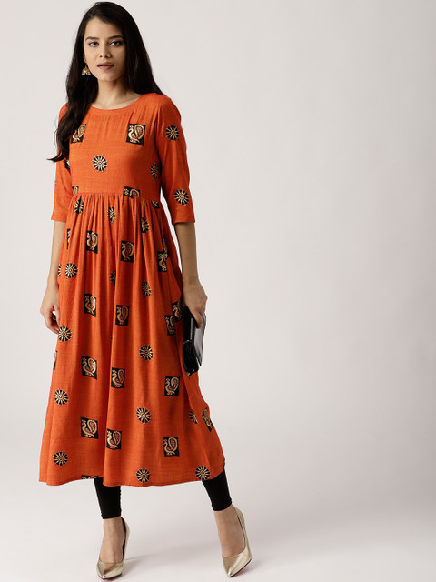 

Libas Women Orange & Black Printed A-Line Kurta