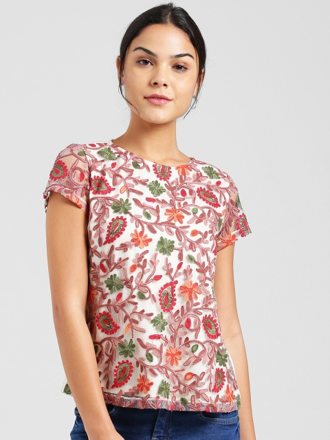 

Zink London Women White & Purple Embroidered Top