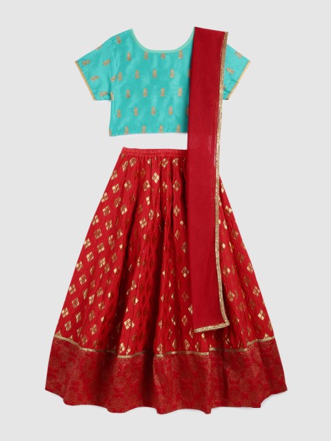 

YK Girls Sea Green & Red Embroidered Ready to Wear Lehenga & Blouse with Dupatta