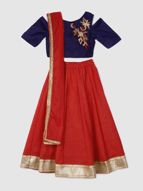 

YK Girls Red & Navy Embroidered Ready to Wear Lehenga & Blouse with Dupatta