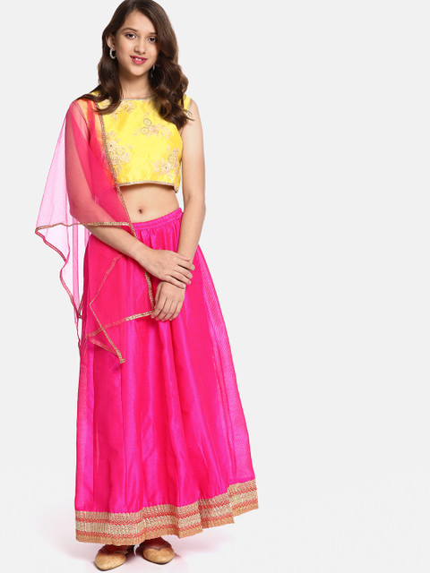 

YK Girls Yellow & Pink Embroidered Ready to Wear Lehenga Choli with Dupatta