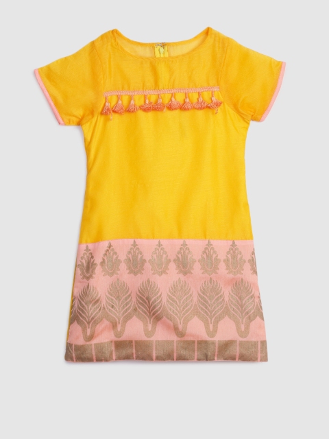 

YK Girls Yellow & Peach-Coloured Colourblocked Straight Kurta