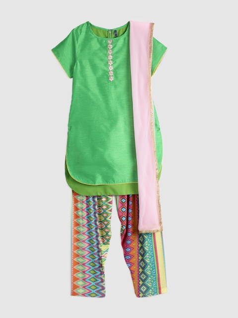 

YK Girls Green Solid Kurta with Patiala & Dupatta