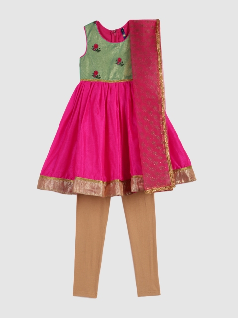 

YK Girls Pink & Green Embroidered Kurta with Churidar & Dupatta