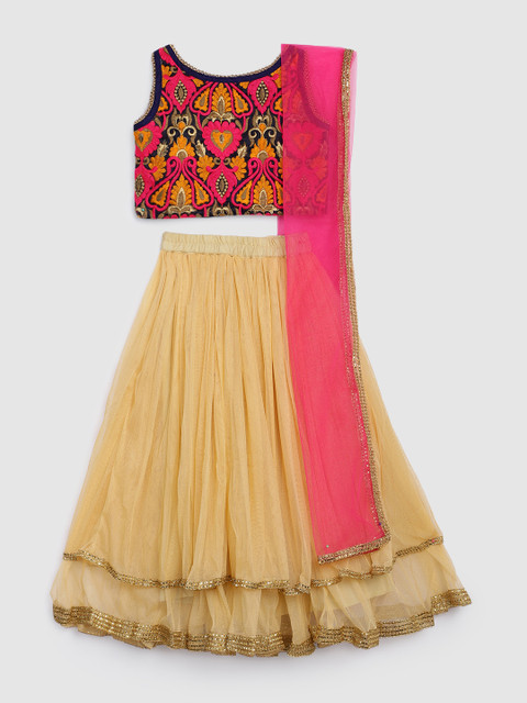 

YK Girls Beige & Navy Blue Embroidered Pattu Pavadai