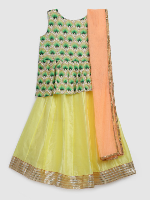 

YK Girls Green & Yellow Printed Ready to Wear Lehenga & Blouse with Dupatta