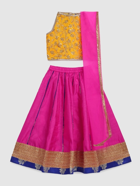 

YK Girls Yellow & Pink Embroidered Ready to Wear Lehenga & Blouse with Dupatta