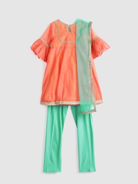 

YK Girls Peach-Coloured & Green Solid Kurta with Churidar & Dupatta