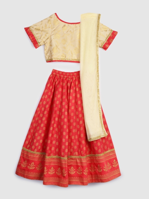 

YK Girls Coral Red & Beige Printed Ready to Wear Lehenga & Blouse with Dupatta