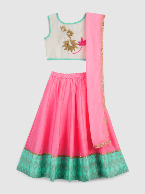 

YK Girls Cream-Coloured & Pink Embroidered Ready to Wear Lehenga & Blouse with Dupatta