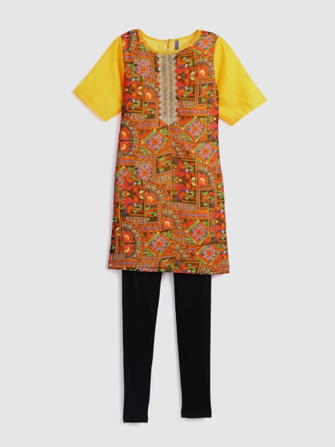 

YK Girls Yellow & Orange Printed Kurta Set