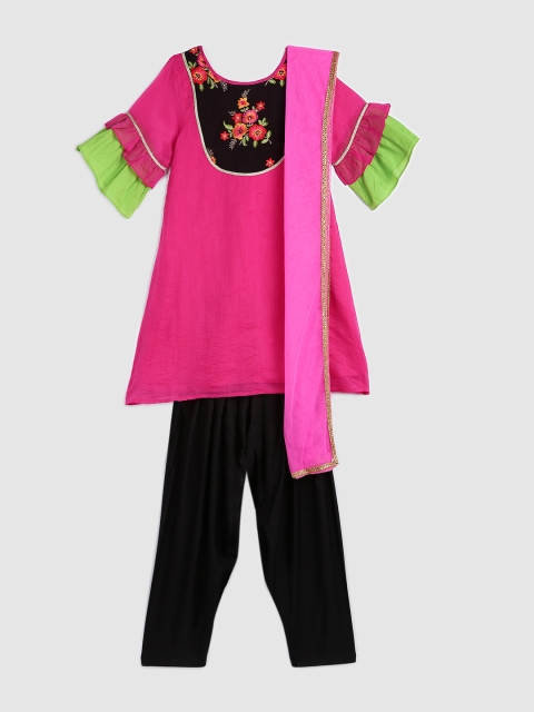 

YK Girls Pink & Black Embroidered Kurti with Salwar & Dupatta