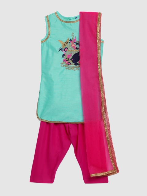 

YK Girls Green & Pink Embroidered Kurta with Salwar & Dupatta