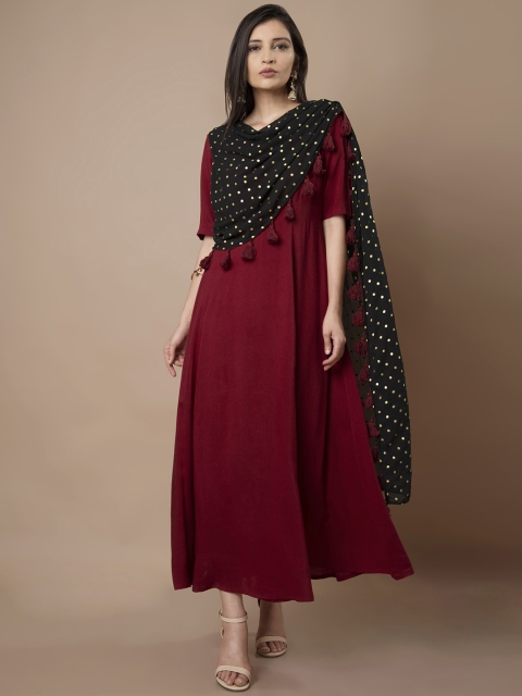 

INDYA Women Maroon & Black Solid Maxi Dress with Attached Dupatta