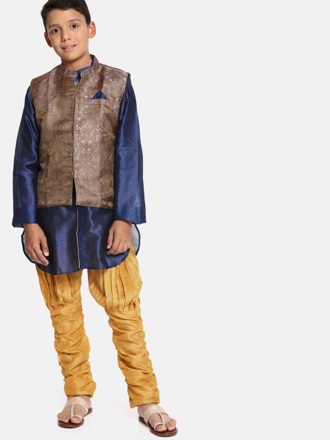 

YK Boys Navy Blue & Yellow Solid Kurta Set with Nehru Jacket