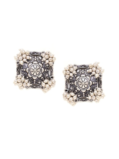 

Voylla Silver-Toned & Black Square Studs