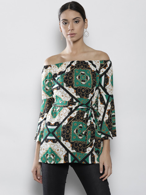 

DOROTHY PERKINS Women Green & White Printed Bardot Top