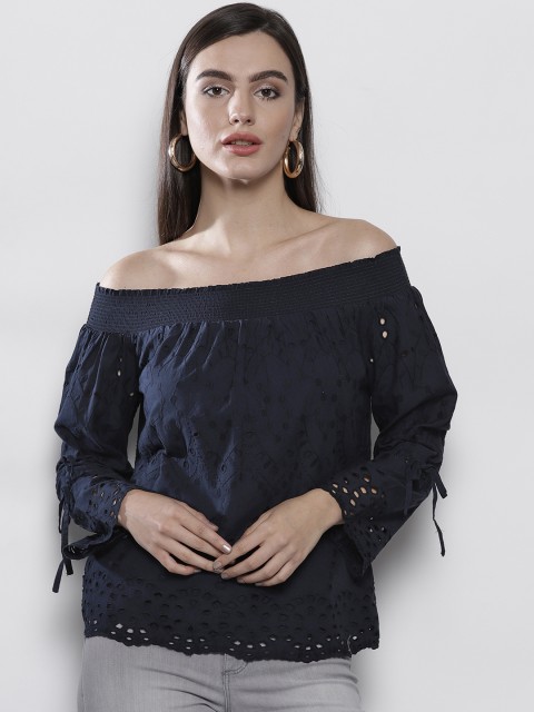 

DOROTHY PERKINS Women Navy Blue Self Design Bardot Pure Cotton Top