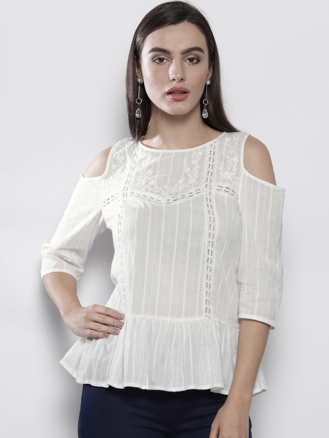 

DOROTHY PERKINS Women White Self Design A-Line Pure Cotton Top