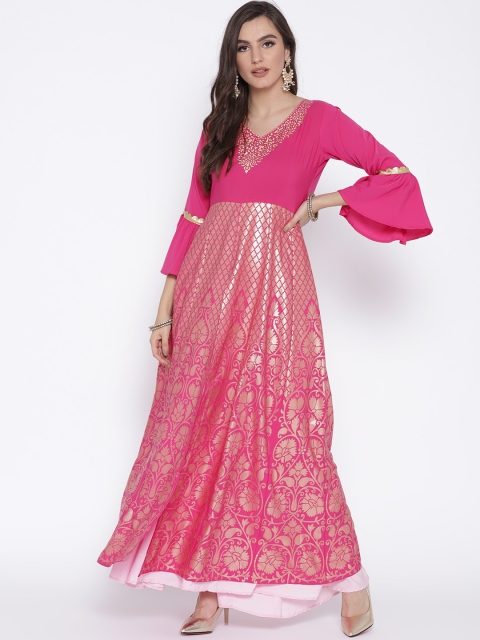 

Ahalyaa Women Pink & Golden Printed Layered Maxi Dress