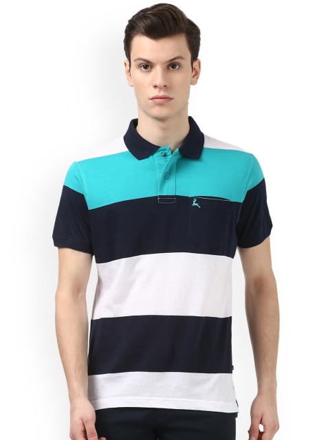 

Parx Men Navy Blue & Green Striped Polo Collar T-shirt