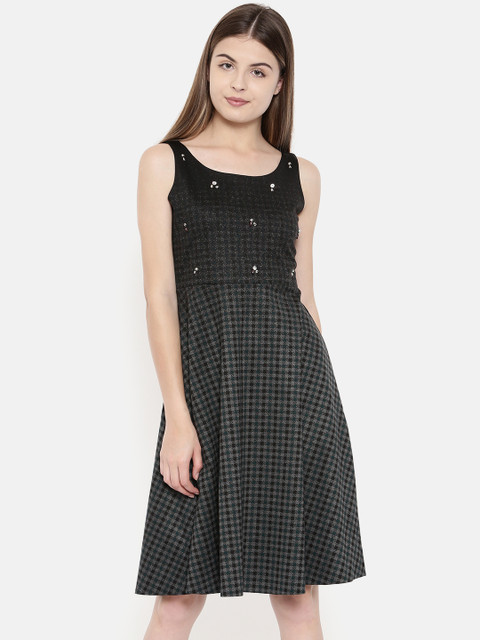 

CODE by Lifestyle Women Black & Grey Checked Embellished Fit and Flare Dress