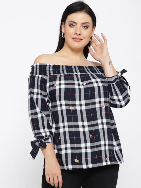 

nexus Plus Size Women Navy Blue White Checked Bardot Top