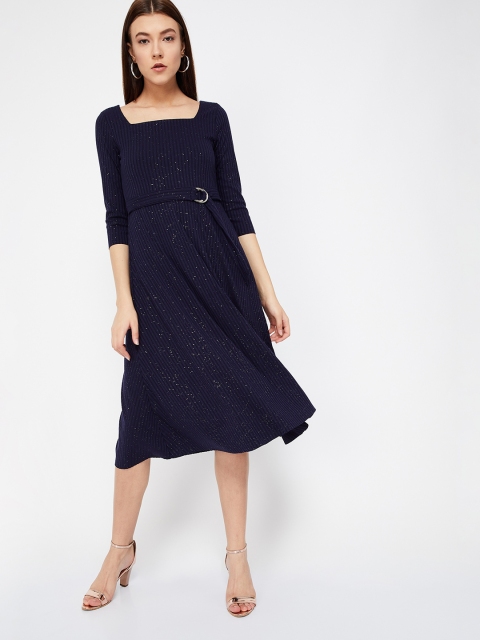

CODE by Lifestyle Women Self Design Navy Blue Fit and Flare Dress