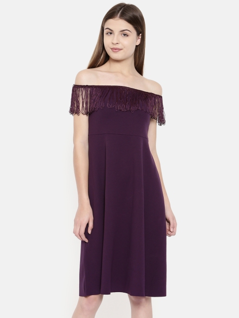 

CODE by Lifestyle Women Purple Solid Off-shoulder Fit and Flare Dress