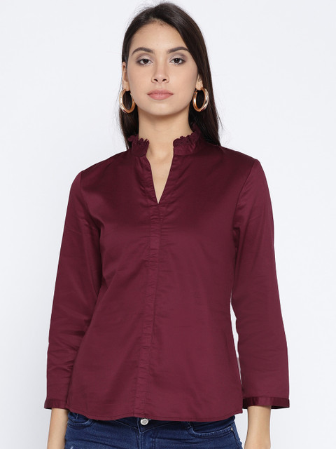 

Wills Lifestyle Women Burgundy Solid Shirt Style Pure Cotton Top