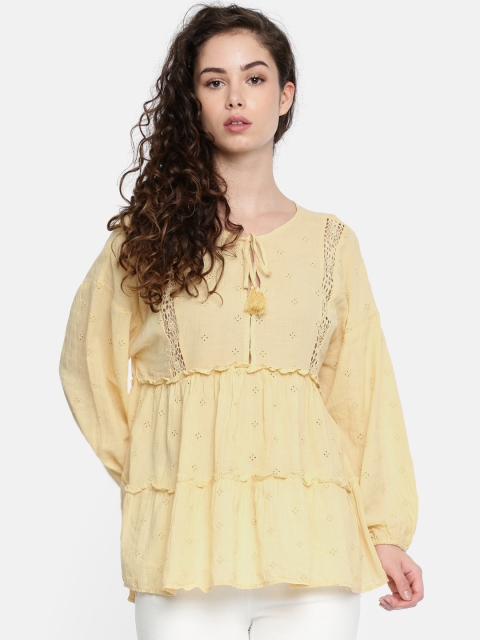 

AMERICAN EAGLE OUTFITTERS Women Yellow Self-Design A-Line Pure Cotton Top